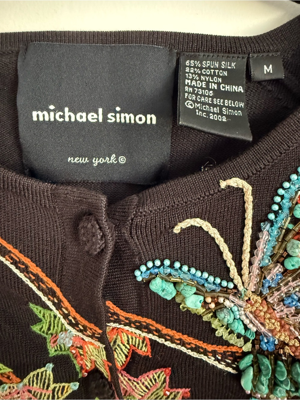 Vintage Michael Simon Black Cardigan w/ Multicolor Beaded Butterflies Size M - Picture 3 of 6
